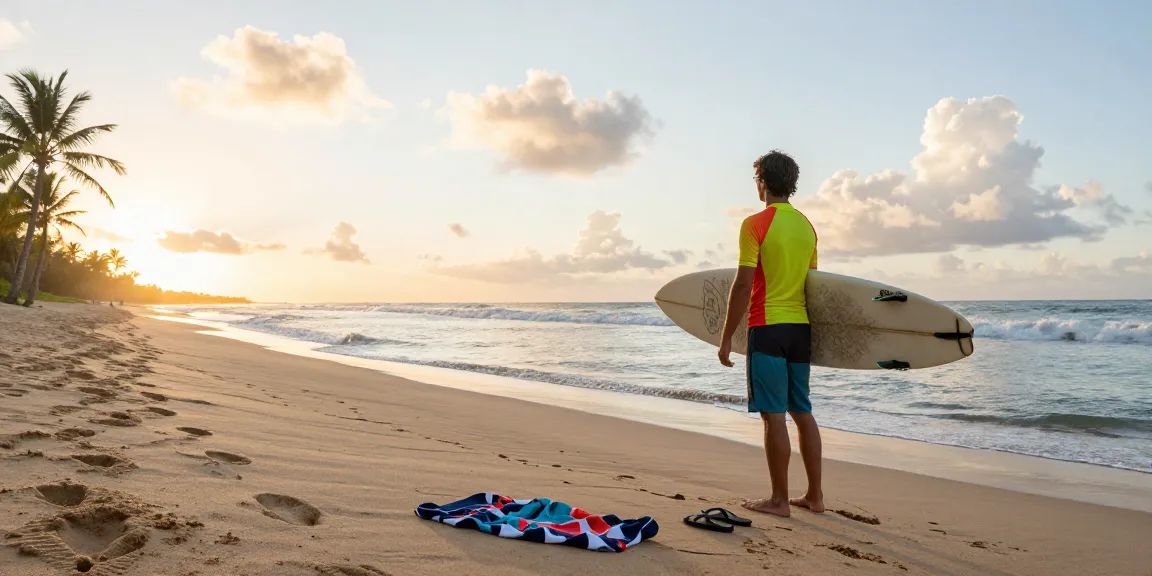 Dynamic beach scene with rokok88 surfboard, vibrant sunrise, and adventurous spirit.