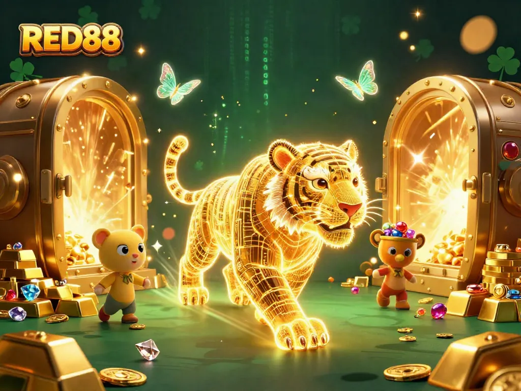 Engage with the vibrant RED88 digital casino scene featuring a neon tiger and treasure elements.