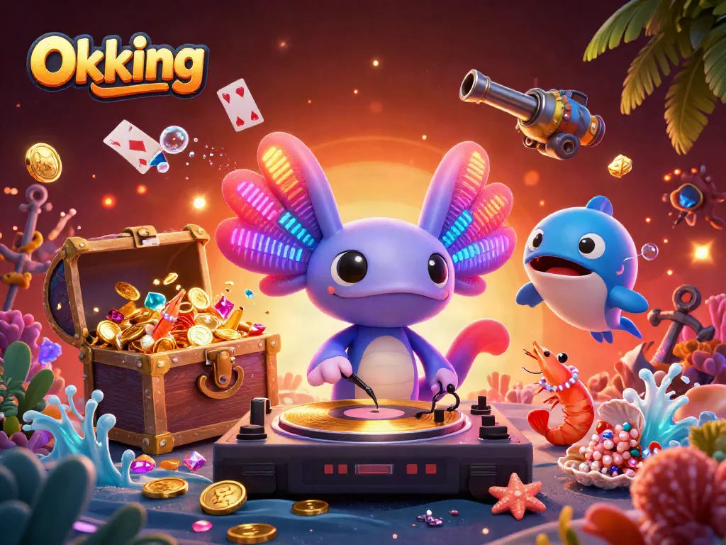 Experience dynamic gaming action at Okking with vibrant characters and casino-themed elements.