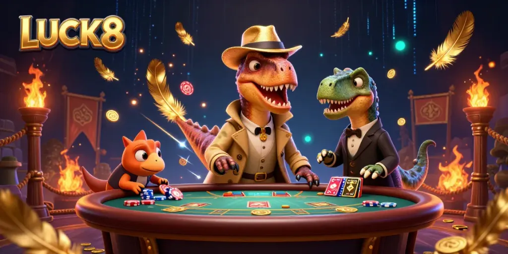 LUCK8 velociraptor engages in gambling at a blackjack table amidst vibrant digital casino elements.