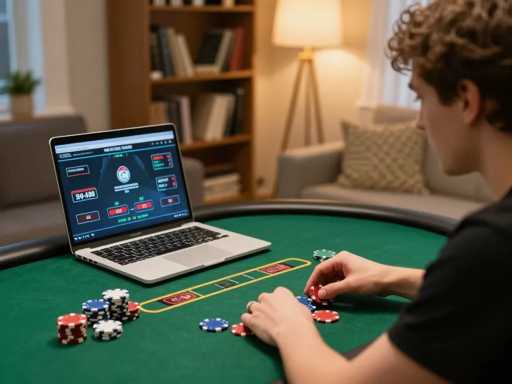 Player enjoying an online poker game with RR88 while utilizing a betting strategy guide for better odds.