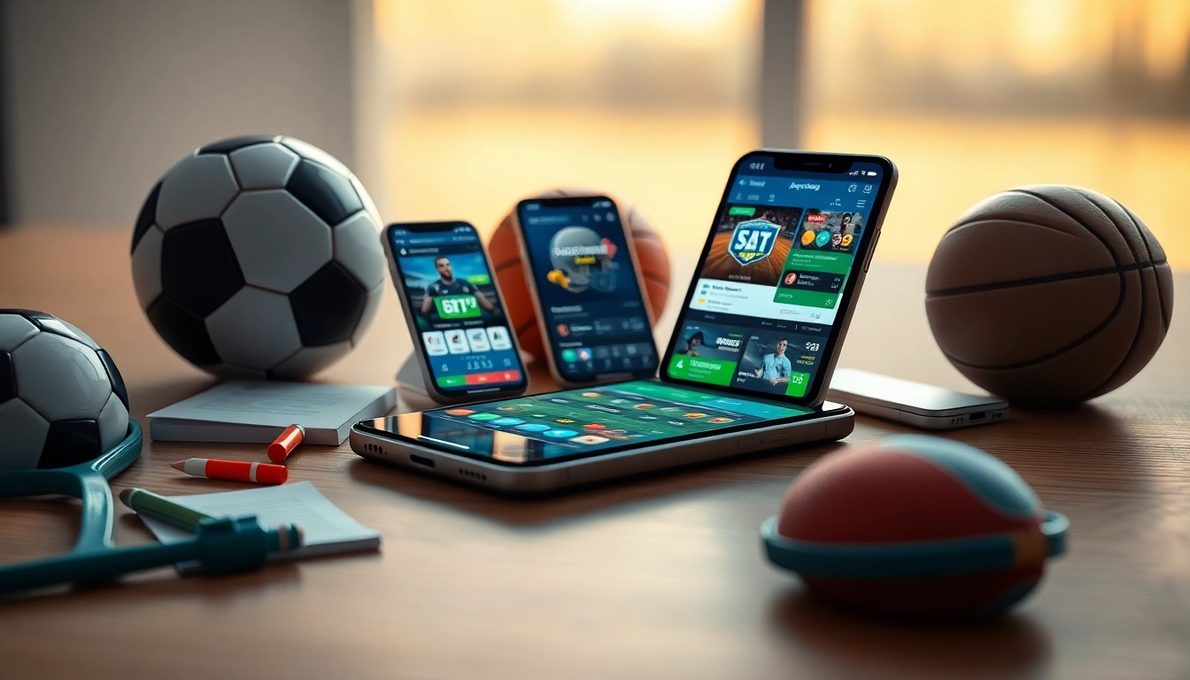 Erkunde die besten Wett Apps auf einem Smartphone, umgeben von Sportutensilien und gewinnbringenden Quoten.