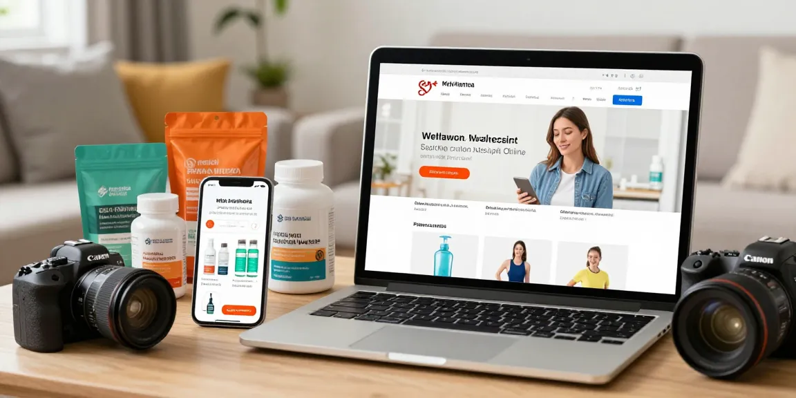 Medi Pharma Shop Online-Shop mit verschiedenen Gesundheitsprodukten in einer gemütlichen Wohnumgebung.