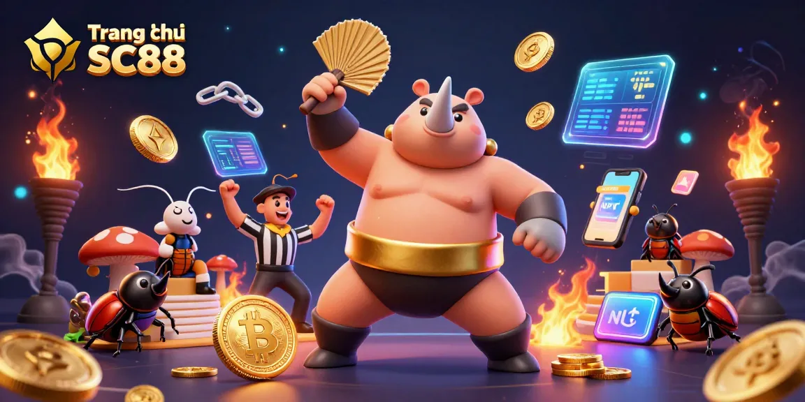 Experience thrilling action on Trang chủ SC88 as a rhinoceros beetle sumo champion kicks up golden coins amidst a vibrant casino scene.
