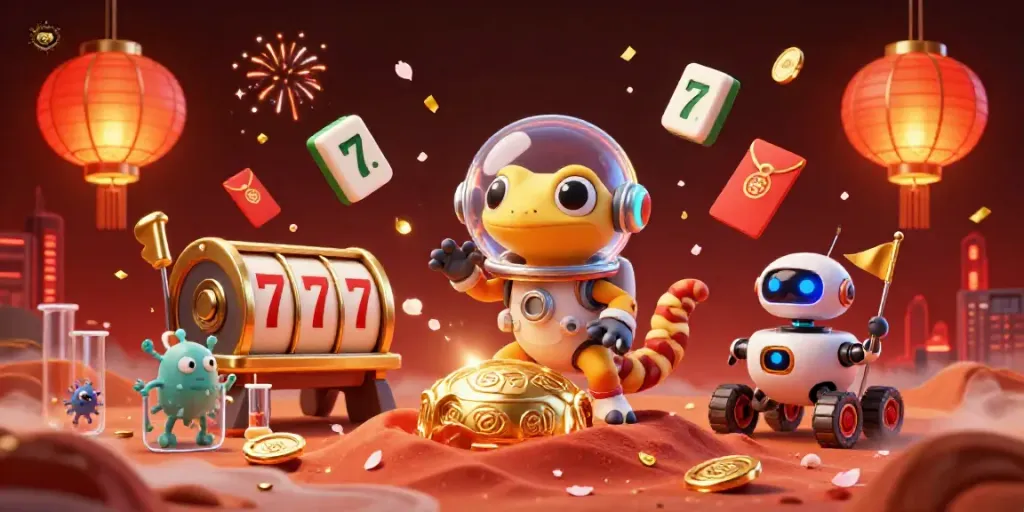 A Martian gecko in a retro space suit discovers the pg99 golden casino with vibrant game elements.