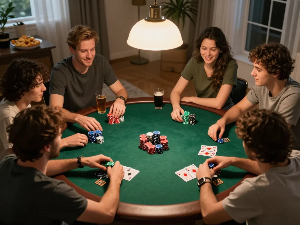 Engaging friends playing poker at home while enjoying OK8386 OKVIP's gaming experiences together.