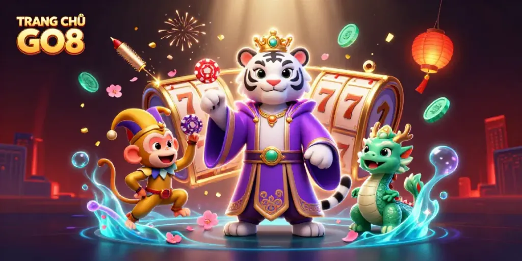 Engage with TRANG CHỦ GO8 through an ultra-detailed casino-themed 3D illustration featuring vibrant creatures and games.