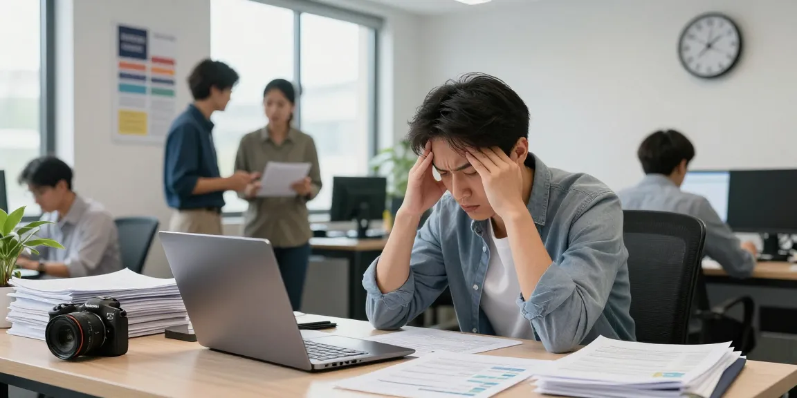 Stress mit Chef: Angestellter sitzt gestresst am Schreibtisch mit Laptop und Unterlagen.