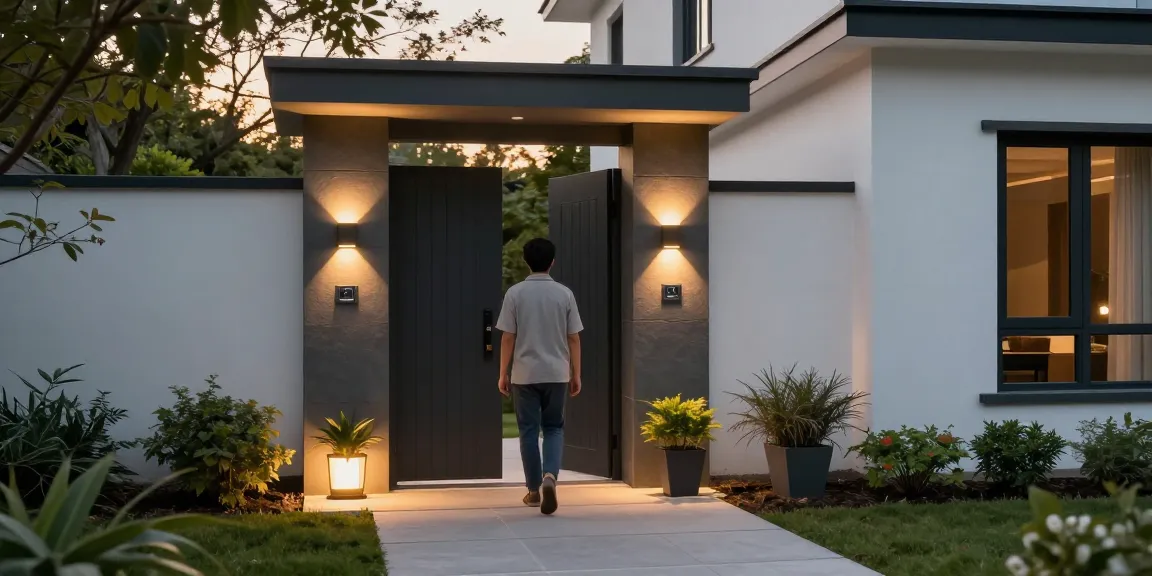 Außenansicht mit Außenlampen mit Sensor, die einen stilvollen Hauseingang beleuchten und Sicherheit sowie modernes Design zur Schau stellen.
