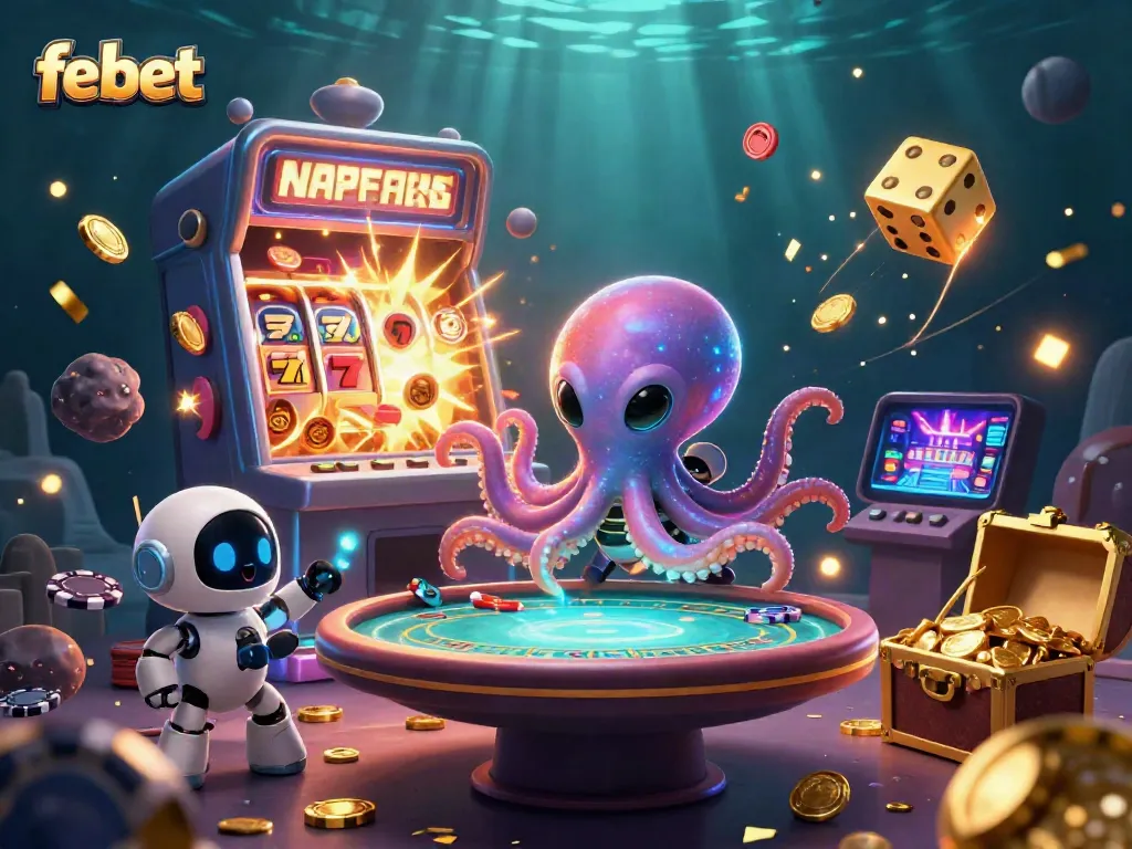 Experience the thrill of fe bet with an alien octopus at a holographic poker table amidst jackpot excitement.