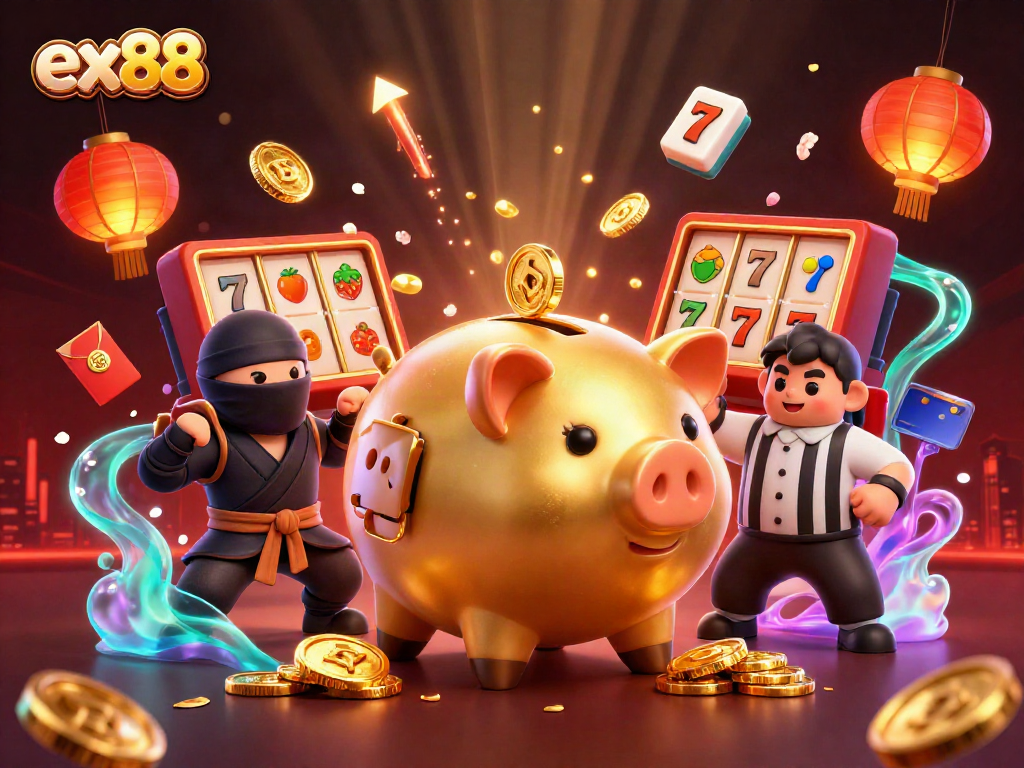 Experience ex88 excitement with a lively casino scene featuring a golden piggy bank and slot reels.