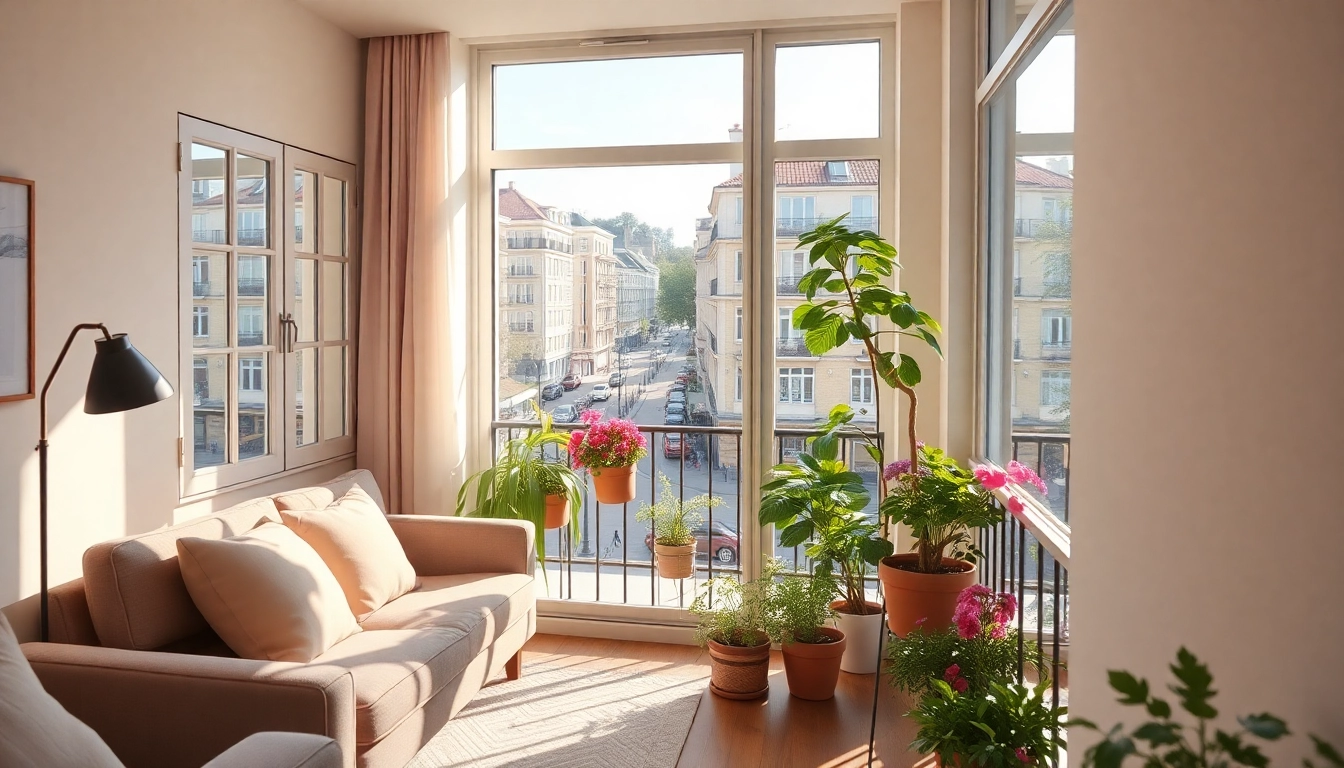Wohnung kaufen in einer gemütlichen Wohnung mit großem Fenster und Blick auf die Straße.