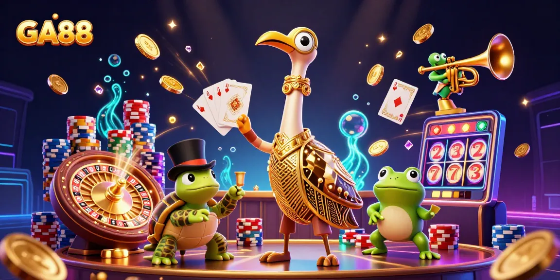 Engaging GA88 casino scene featuring a turtle, crane, and frog surrounded by dynamic gaming elements.