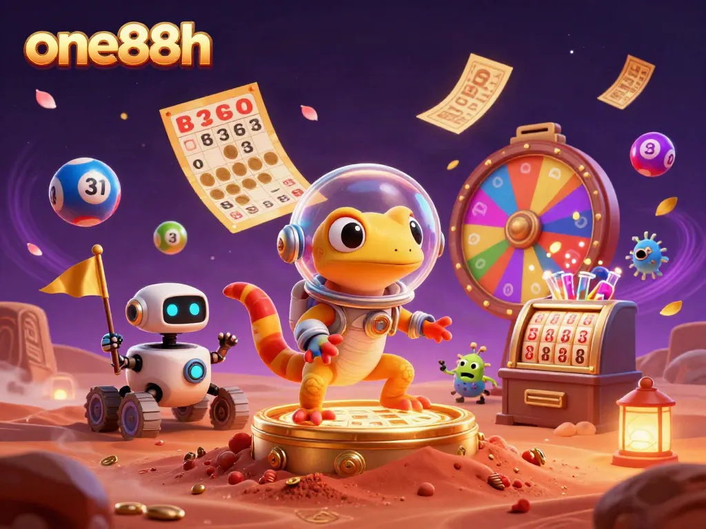 Experience the excitement of one88h with a cartoon Martian gecko discovering a golden casino under Mars's sands.
