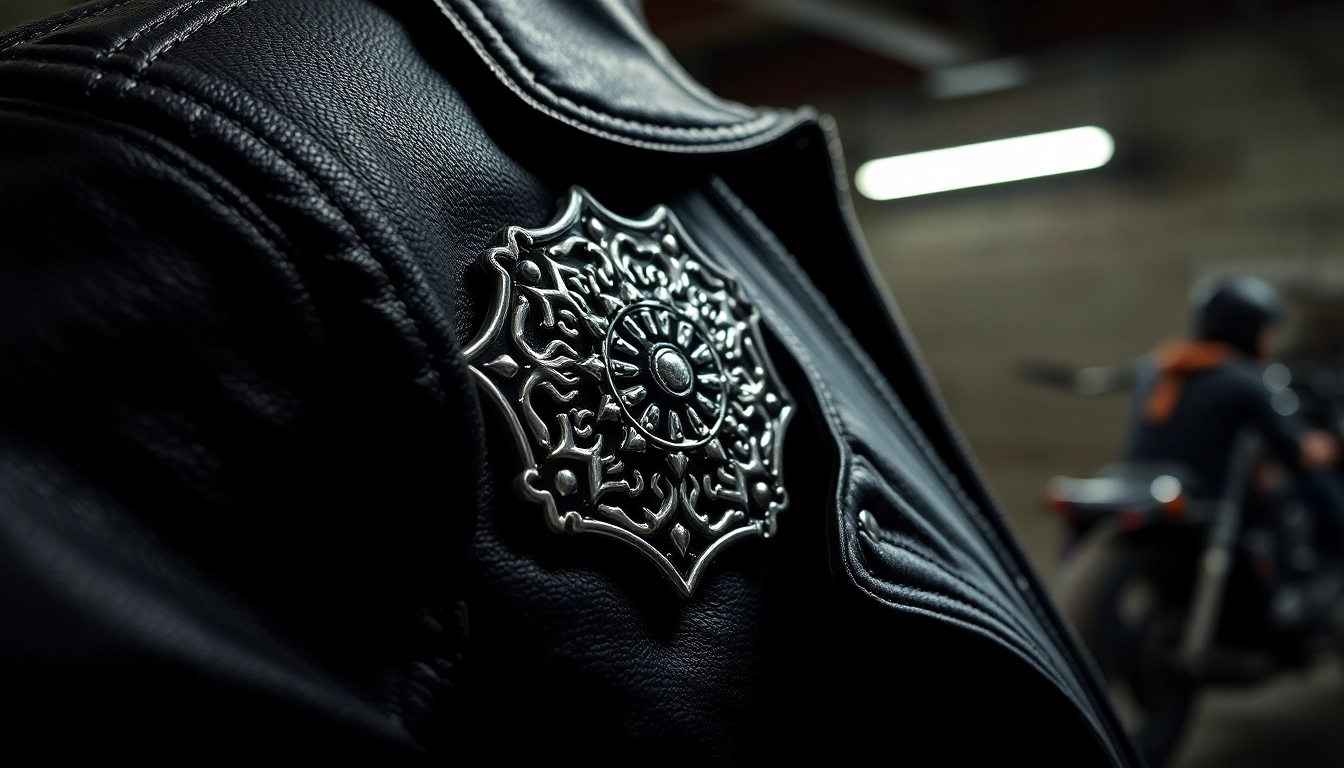 Bikerschmuck details auf einer abgenutzten Lederjacke betont das handwerkliche Design.