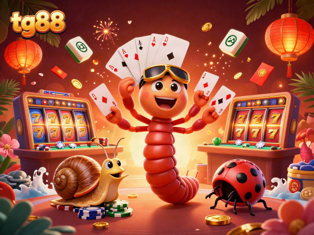 Engage with tg88's thrilling casino experience showcasing a vibrant 3D illustration of games and excitement.