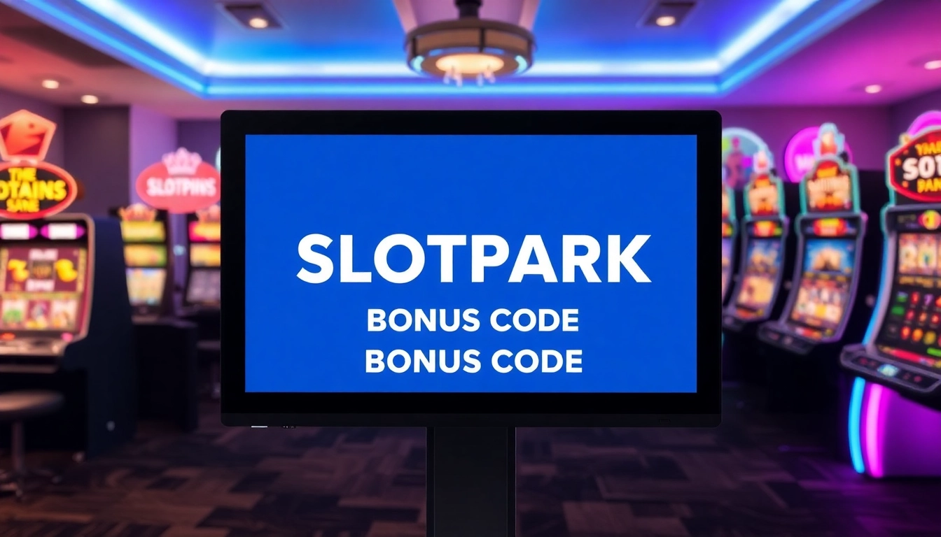 Slotpark Bonus Code eingeben auf einem Bildschirm mit bunten Spielautomaten im Hintergrund darstellen.