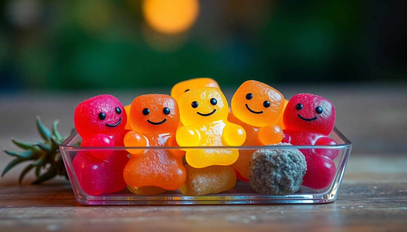 Teil einer bunten Auswahl an edibles gummibärchen in einer Schale, die für Genuss und Entspannung stehen.