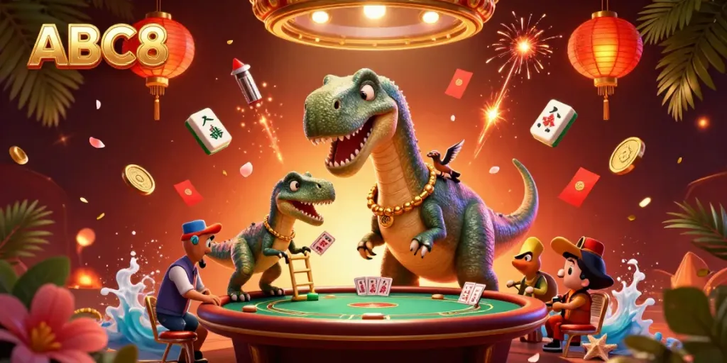 Experience thrilling action at ABC8 Casino with a brontosaurus and raptor in a vibrant gaming scene.