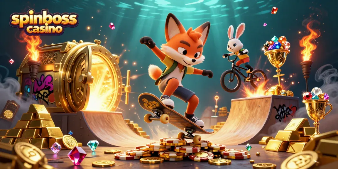 Spinboss Casino: Skateboard- und BMX-Tricks um goldene Pokerchips herum in einem lebhaften Casino-Szenario.