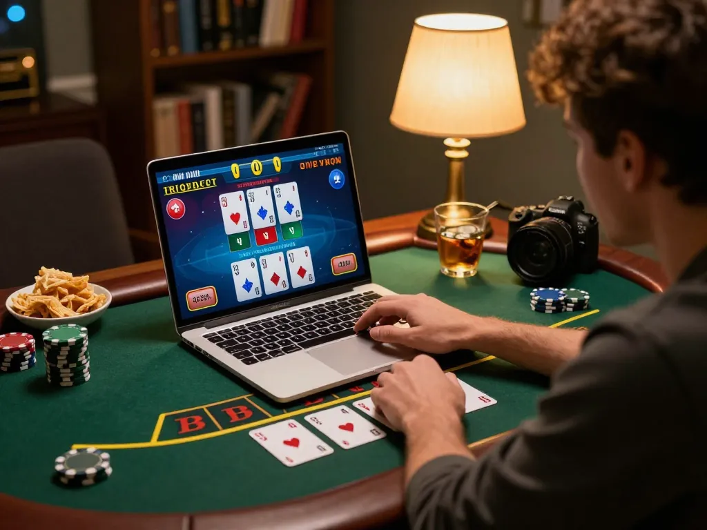 Man88 player enjoying a live blackjack game on a laptop in a cozy home setting