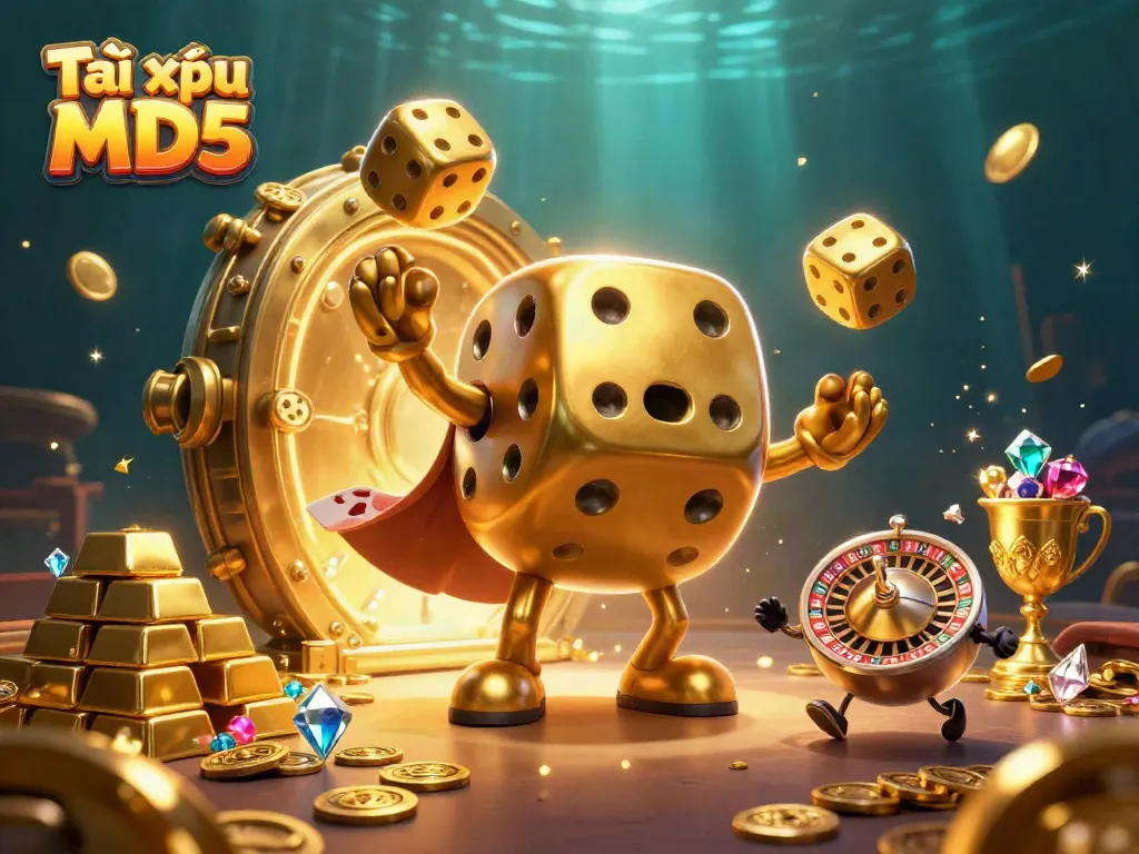 Win big with Tài xỉu MD5 in this vibrant casino-themed illustration featuring playful golden dice and treasure.