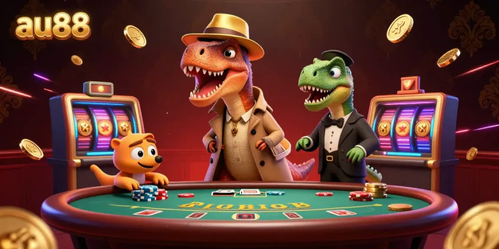 Experience exhilarating gaming action at au88 with a dynamic illustration of a velociraptor card counter and casino elements.
