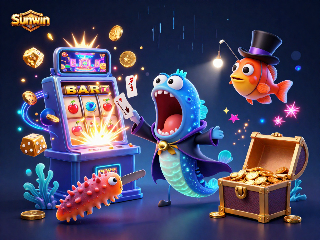 Sunwin showcases a vivid, dynamic casino scene with exciting game elements and animated characters.