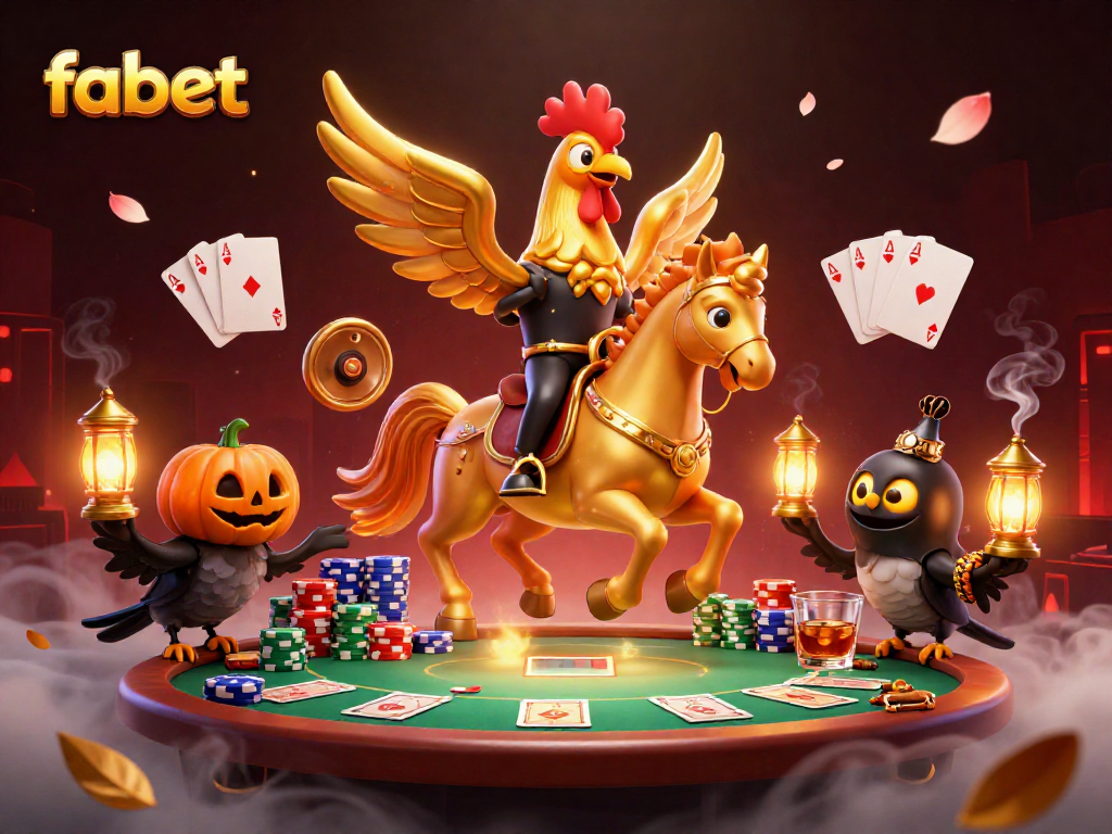 Experience the thrill of fabet with a golden rooster rider and poker elements in a vibrant casino scene.