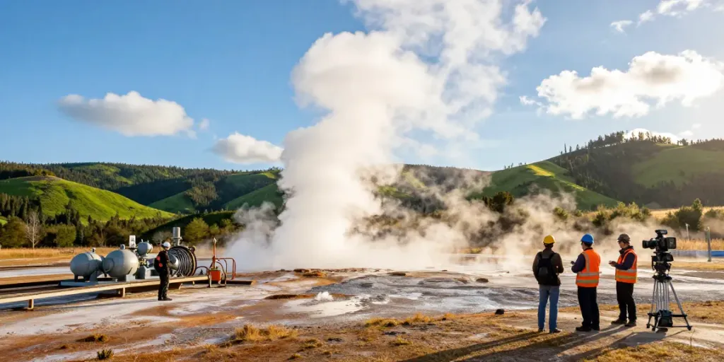 Geothermie-Anlage mit Ingenieuren und dampfenden Geothermiewellen in einer grünen Landschaft