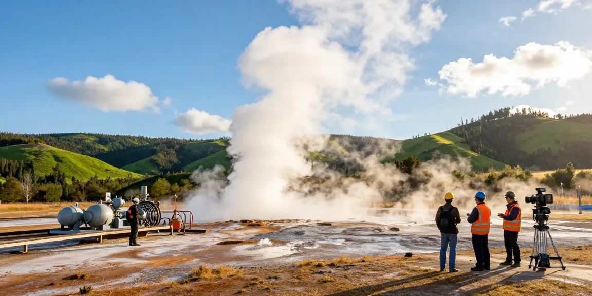 Geothermie-Anlage mit Ingenieuren und dampfenden Geothermiewellen in einer grünen Landschaft