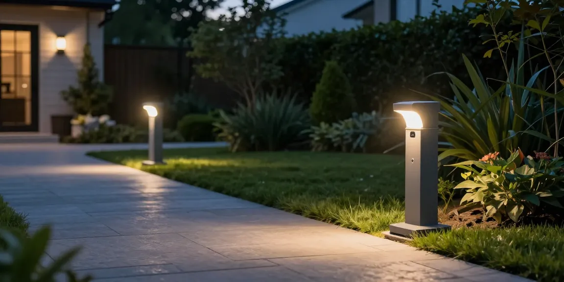 Elegante anthrazitfarbene und weiße Außenlampen mit Sensor, die Wege bei Dämmerung beleuchten und die Sicherheit mit Außenlampen mit Sensor verbessern.