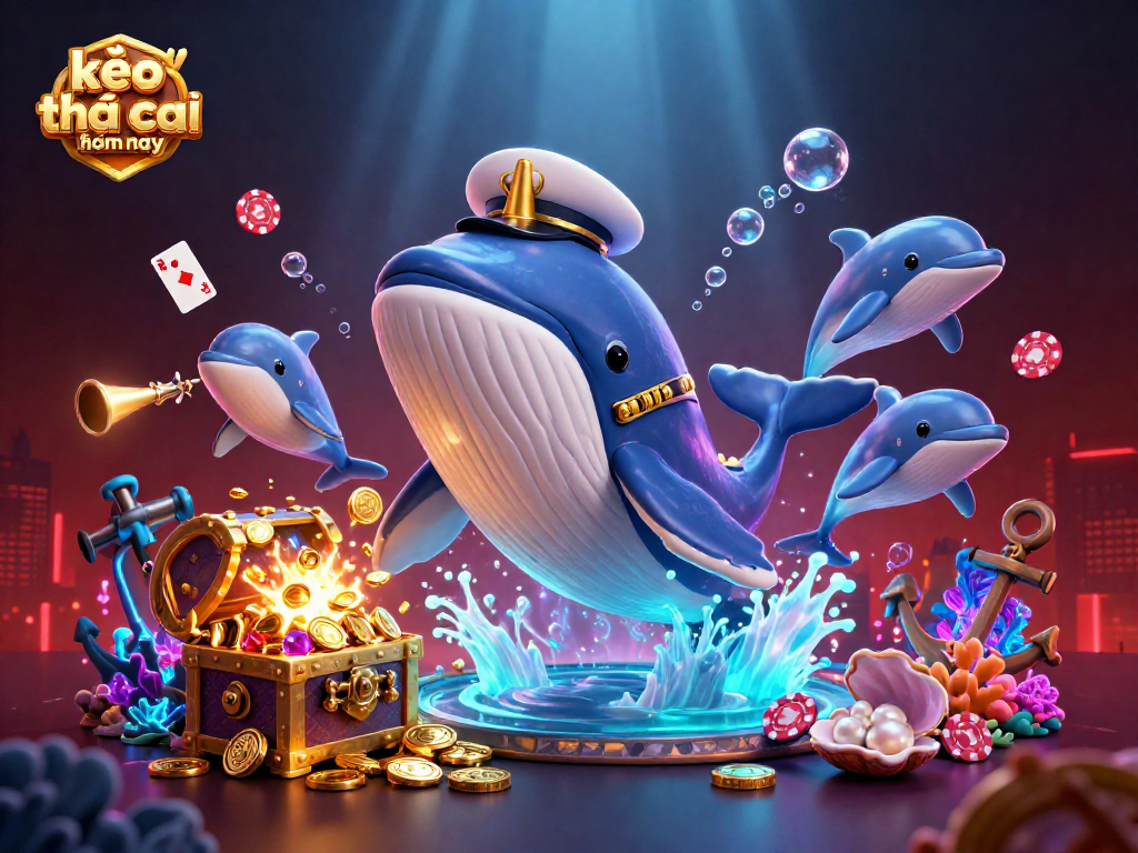 Engage in kèo nhà cái hôm nay with a vibrant 3D scene of a whale captain amidst poker chips.