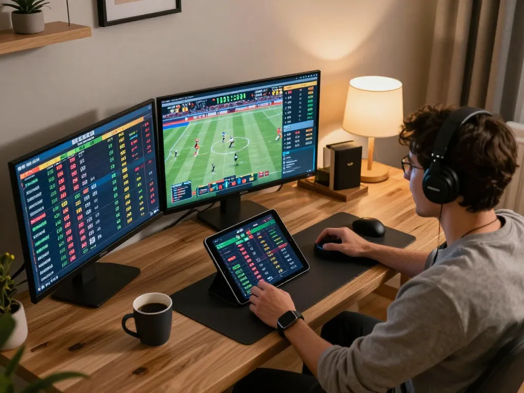 Watch live sports betting at https://mm88.it.com/ with a modern home setup featuring multiple screens and exciting games