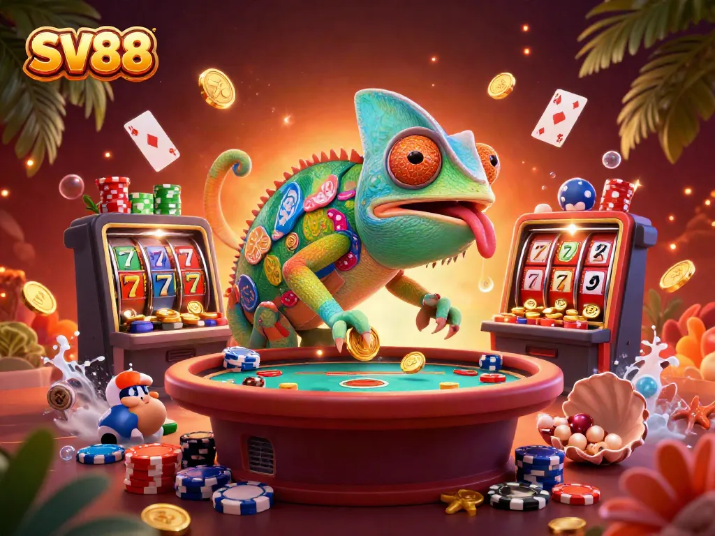 Engage with SV88 at a vibrant casino scene showcasing an enormous chameleon surrounded by colorful slot games and animated coins.