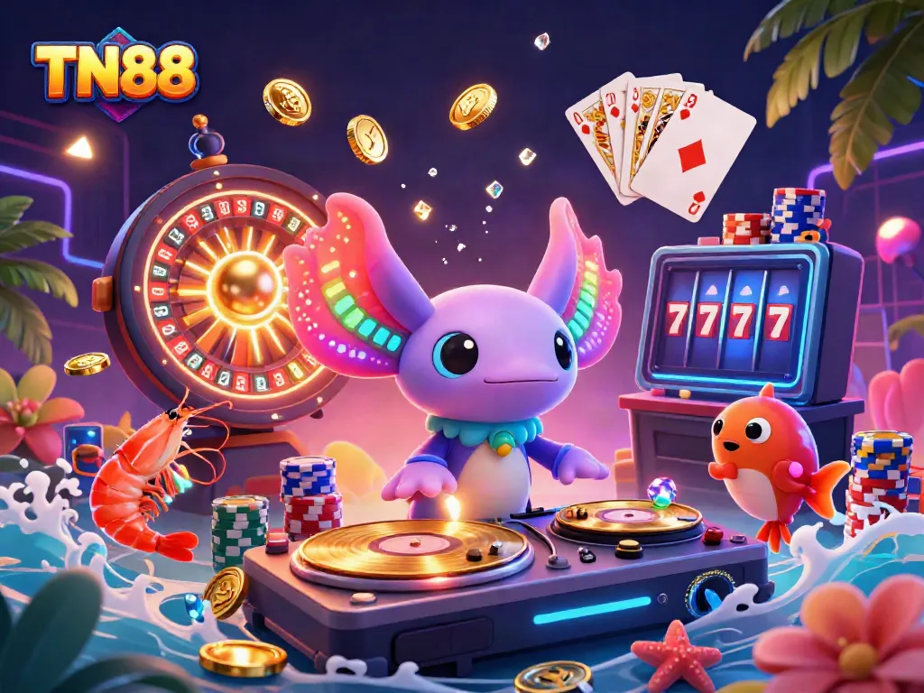 Engage with TN88's vibrant gaming scene featuring colorful characters and dynamic casino elements.