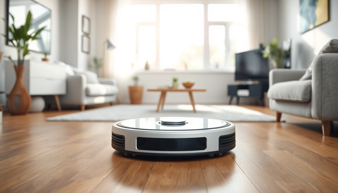 Roboterstaubsauger reinigt effizient einen modernen Wohnraum mit minimalistischem Stil.