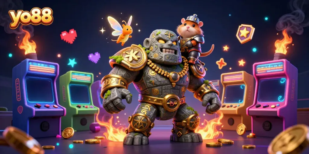 Experience the vibrant world of yo88 with a dynamic scene featuring a golem guardian and magical companion amidst immersive casino elements.