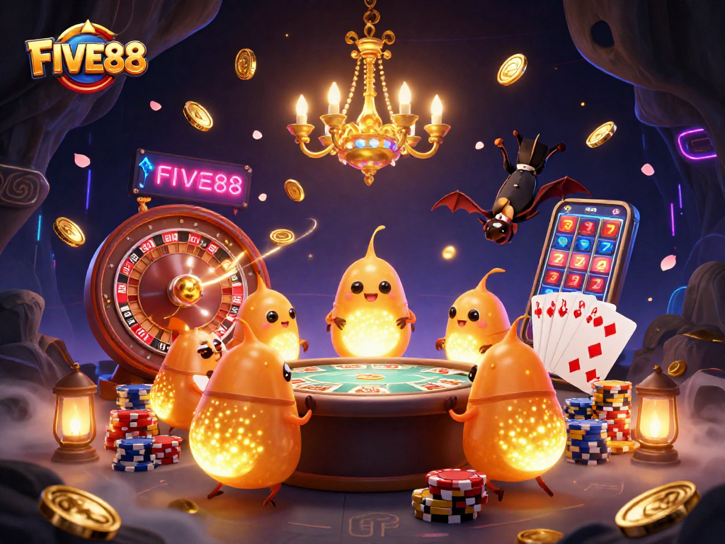 Illuminate your gaming experience with FIVE88's dynamic casino scene featuring glowworms and a bat dealer.