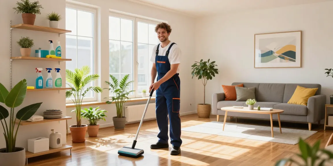 Welcoming apartment scene showcasing wohnungsreinigung solothurn with a professional cleaner ensuring a spotless living room.