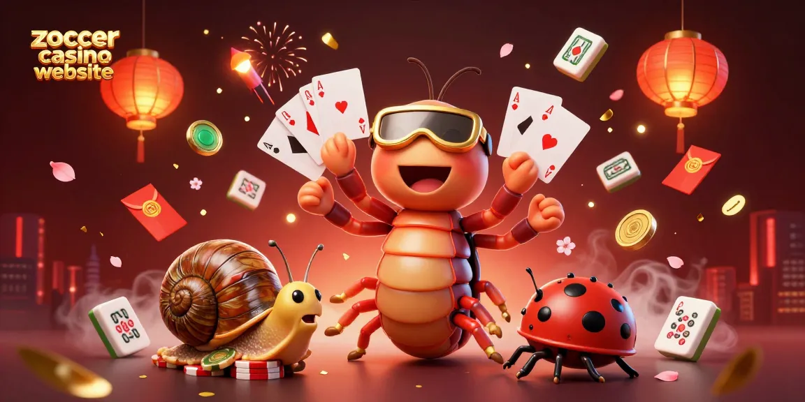 Auf der Zoccer Casino-Website interagieren ein Tausendfüßler-Dealer und ein Schnecken-Hochroller mit Spielkarten und Chips.