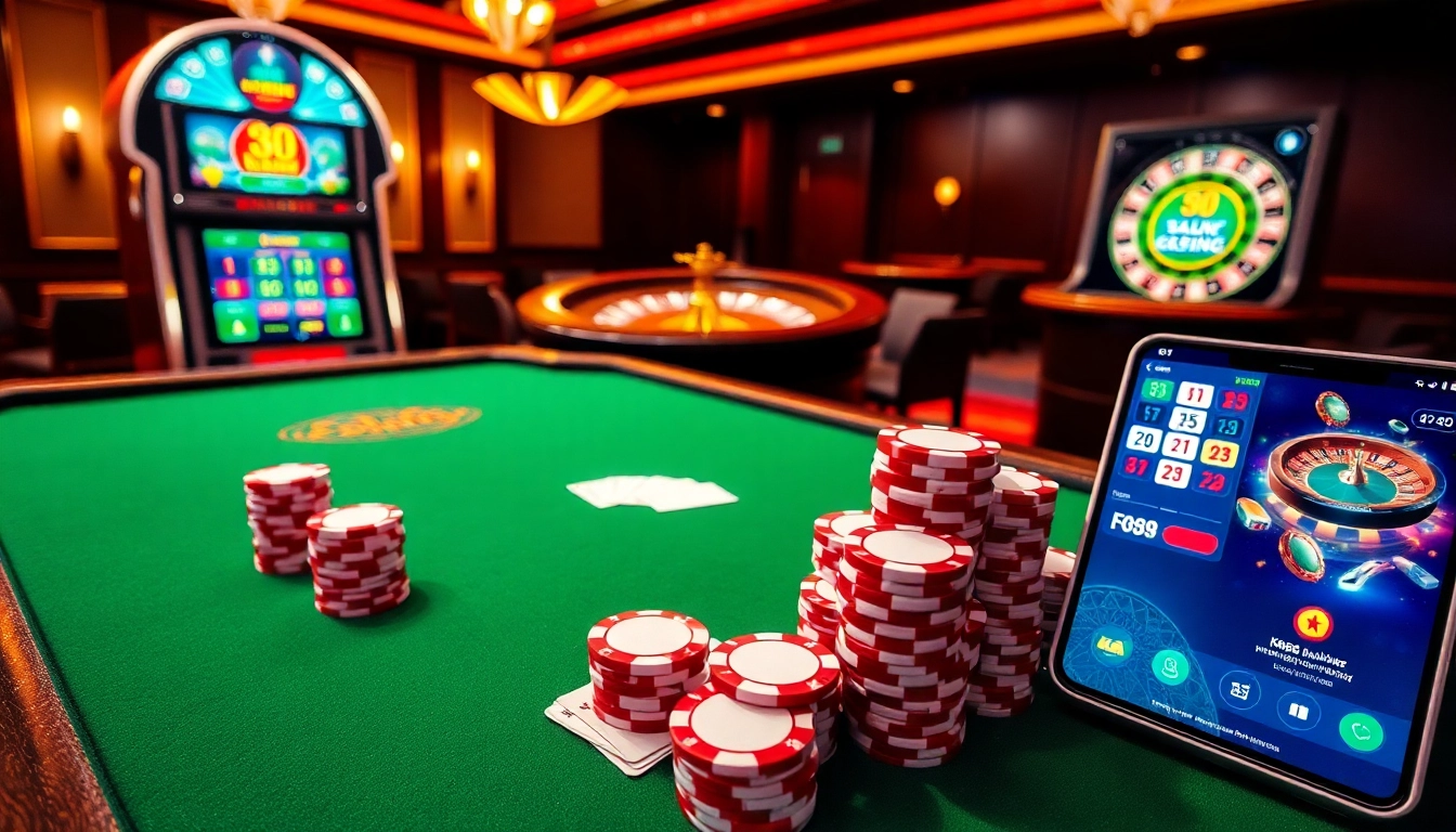 Engage in a thrilling casino experience with km88 com's vibrant poker table and modern slot machine.