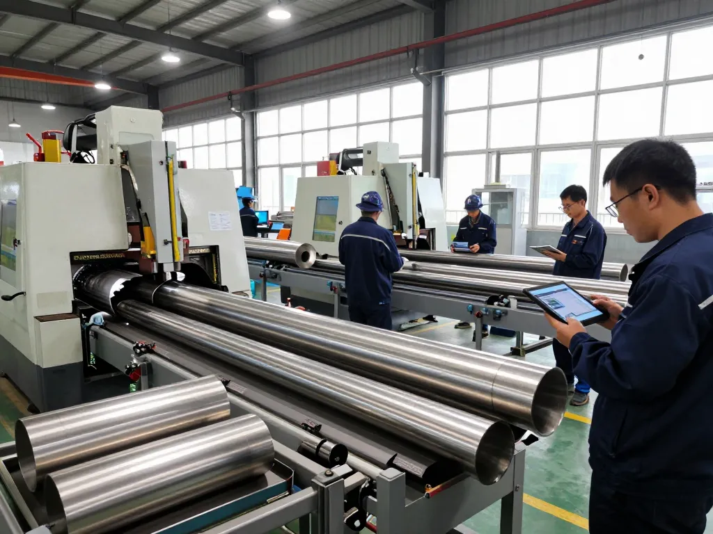 Workers producing sumwin stainless steel pipes in a modern industrial facility