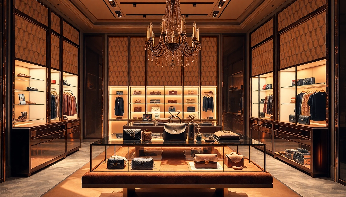 Luxury fashion items displayed in an upscale boutique with warm lighting and elegant textures.