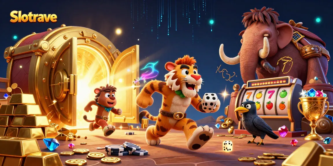 Experience the thrill at Slotrave, where cartoon characters celebrate winning with slots and gold treasures.