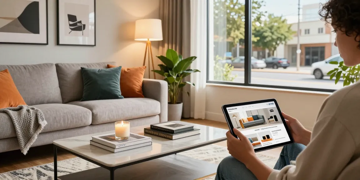Entdecken Sie Möbel kaufen mit einem stilvollen Wohnzimmer, das moderne Möbel und Online-Shopping zeigt.