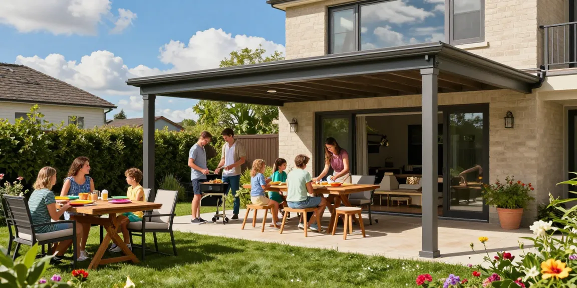 Terrassenüberdachung freistehend in einem einladenden Garten mit Familie bei einer BBQ-Feier.