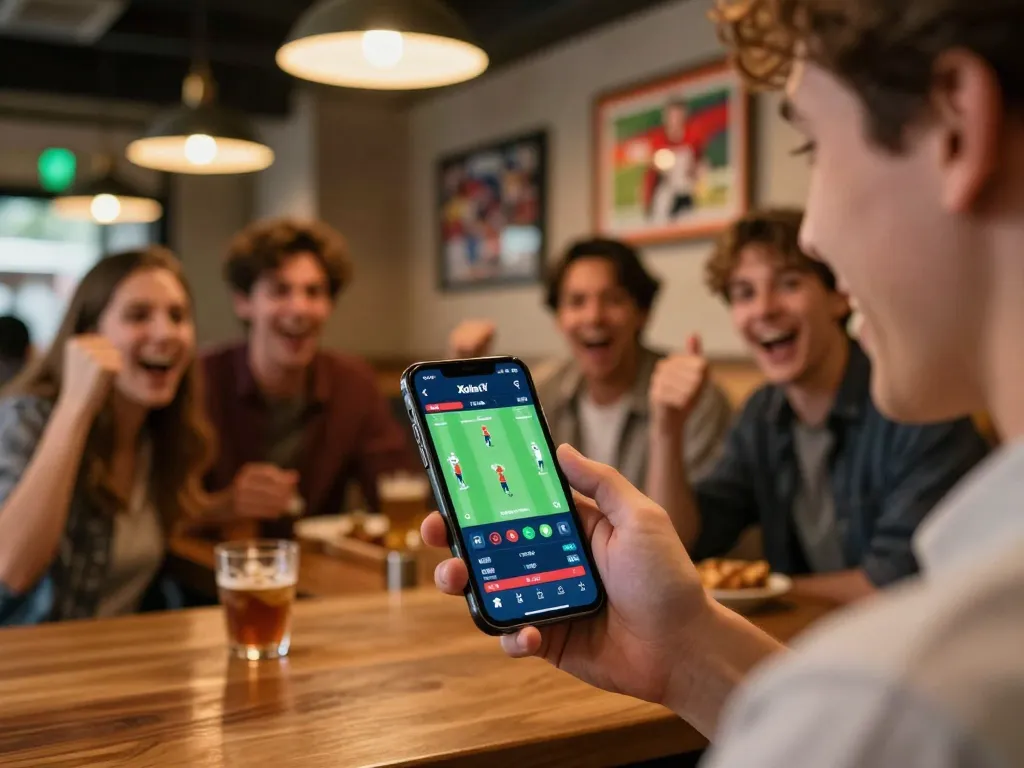Xoilac TV user engaging in live football betting action with smartphone at a lively sports bar