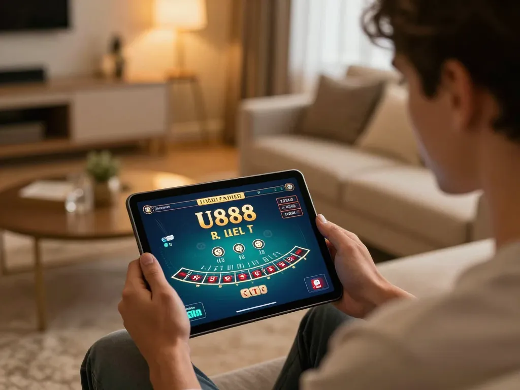 Engaged player enjoying U888 live dealer blackjack at home in a cozy setting