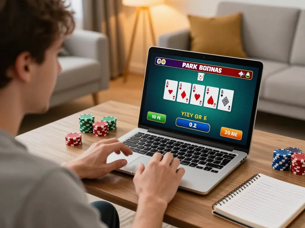 Player engaged in fun79 online blackjack game at home, showcasing excitement and strategy.